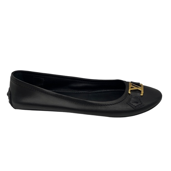 LOUIS VUITTON BLACK / GOLD LV LOGO HARDWARE LEATHER BALLET FLATS - Picture 2 of 8
